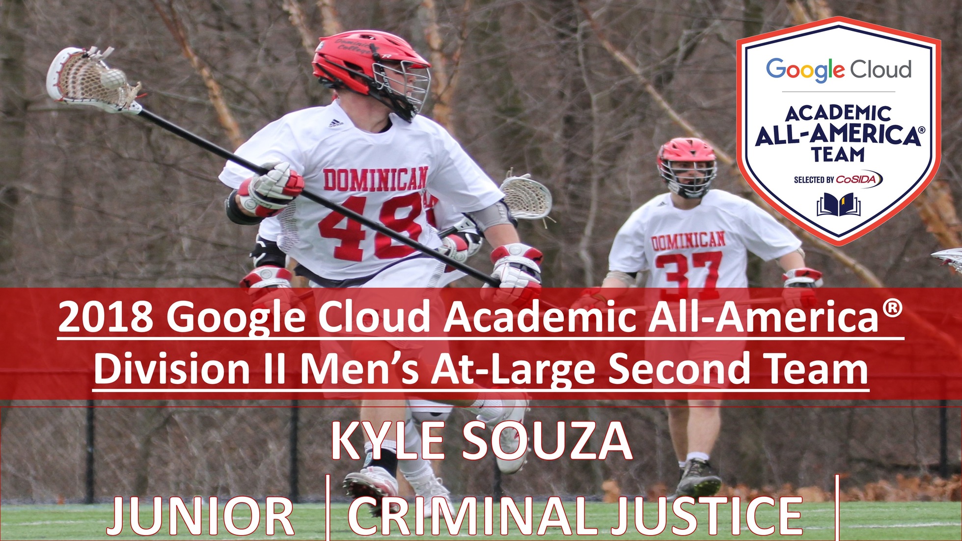 DC men's lacrosse player, Kyle Souza, has been named to the 2018 Google Cloud Academic All-America Division II Men's At-Large Second Team